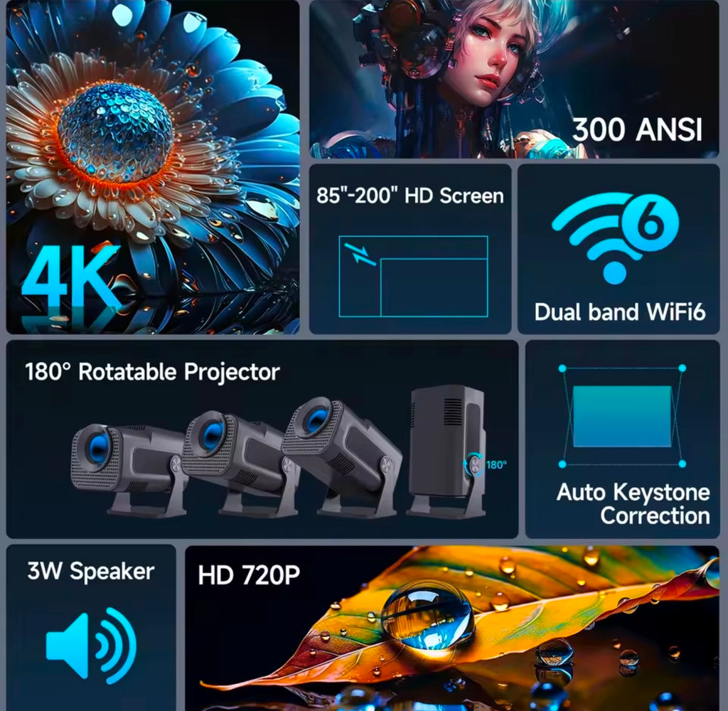 Smart 4K Ultra HD Mini Projector – 180° Rotatable Home Cinema