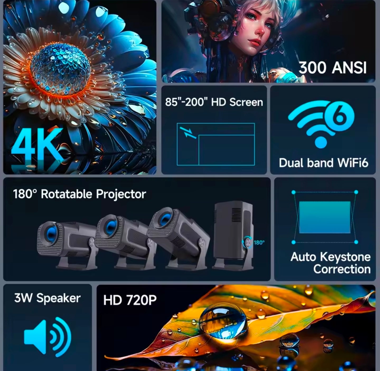 Smart 4K Ultra HD Mini Projector – 180° Rotatable Home Cinema